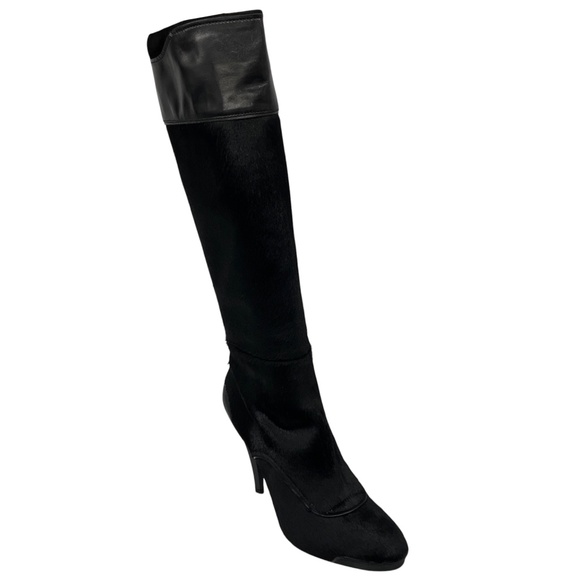TOD'S BLACK LEATHER TRIMMED CALF HAIR HIGH HEELED TALL BOOTS - Picture 1 of 8